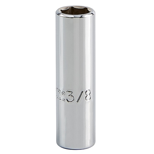 PROTO J4712L chrome-finish 3/8 inch deep socket, photography of single socket upright on white background.