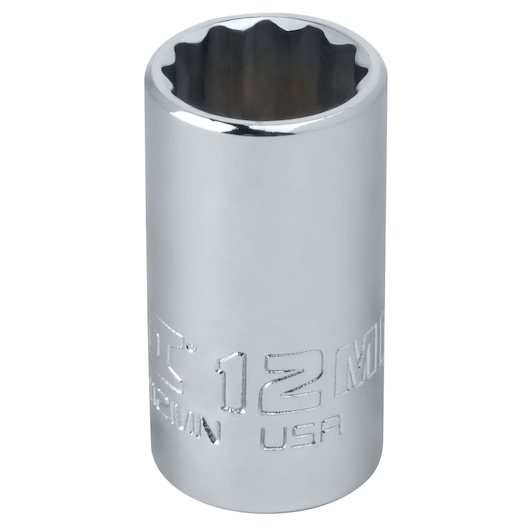 Photo of PROTO J4712MN chrome 12mm socket, cylindrical shape, white background, tool category.
