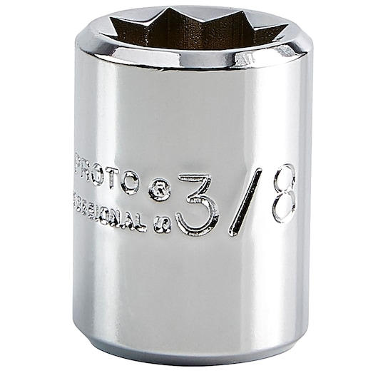 PROTO J4712S chrome 3/8-inch socket, closeup straight-on on white background, tool photography.
