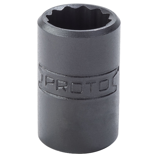 PROTO J4712TB black 12-point deep impact socket, cylindrical with embossed logo, front angle on white background.