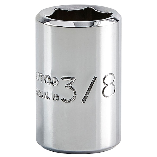 Photo of PROTO J4712 chrome socket, 3/8 inch size, photographed upright on white background.
