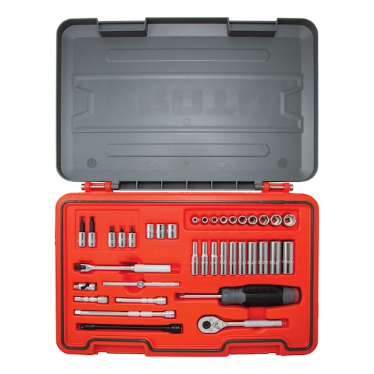 PROTO J47137S mechanic tool kit with ratchet, screwdriver, sockets, and bits in red case, top view.