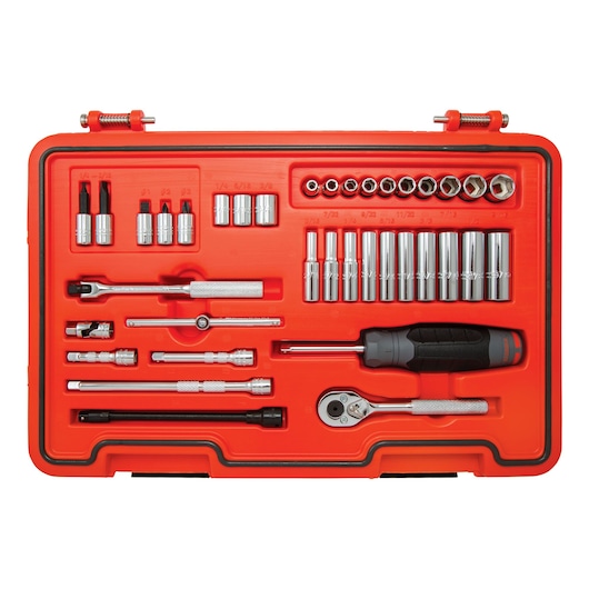 PROTO J47137S socket and ratchet set in red case, includes screwdriver, sockets, bits, and accessories, top view.