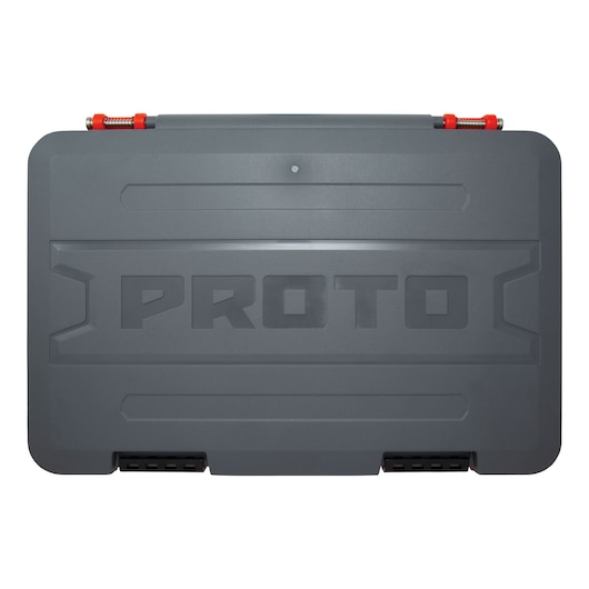 Photo of PROTO gray hard plastic tool case with red latches, SKU J47137S, top view on white background.