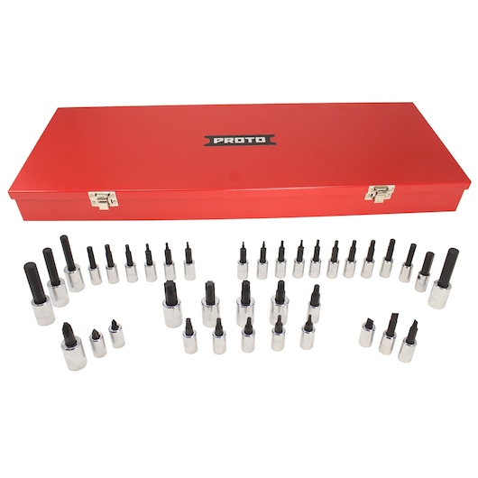 PROTO J47137 bit socket set with assorted bits and chrome sockets arranged in front of a red metal case, front angle.