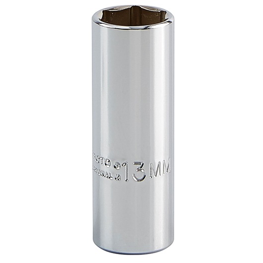 PROTO J4713LM chrome 13mm deep socket, hexagonal opening, product photography, front angle, white background.