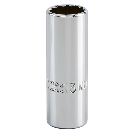 Photo of PROTO J4713LTM chrome 13mm deep socket, upright angle, on white background.