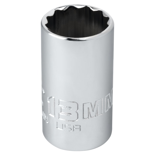 PROTO J4713MN chrome 13mm socket, cylindrical shape, twelve-point interior, side angle on white background.