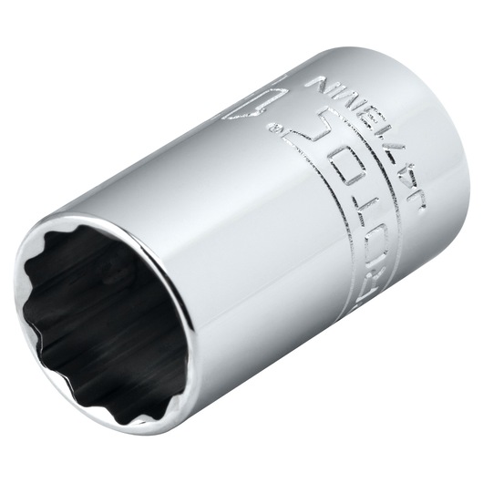 PROTO chrome socket J4713MN, side angle, engraved logo, photography on white background
