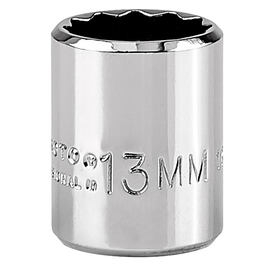 Photo of PROTO 13mm chrome socket J4713TM, cylindrical hand tool with etched size marking, front angle, white background.