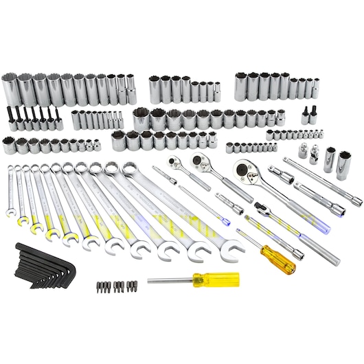 PROTO J47148 large mechanic's tool set with chrome sockets, combination wrenches, ratchets, screwdrivers, bits, and hex keys, top-down view on white.