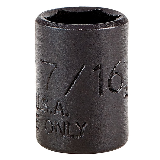 PROTO J4714B black 7/16-inch impact socket, front angle, tool category, photography.