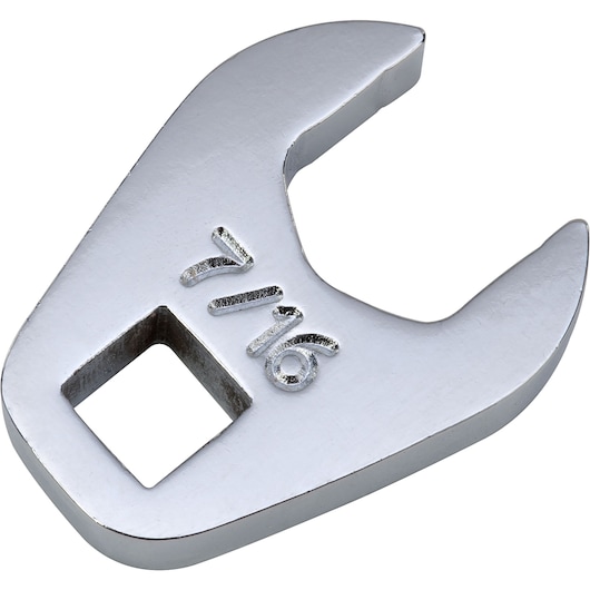 PROTO J4714CF chrome open-end crowfoot wrench 7/16 inch, close-up angle on white background.