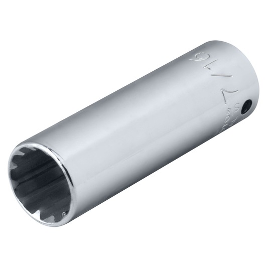 PROTO J4714DPL chrome finish 12-point deep socket, photographed at an angle on white background.