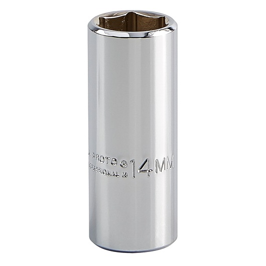 Photo of PROTO J4714LM chrome 14mm deep socket, six-point, vertical angle, white background.
