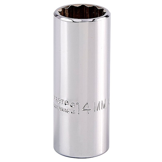 PROTO J4714LTM chrome 12-point 14mm deep socket, product photo on white background.