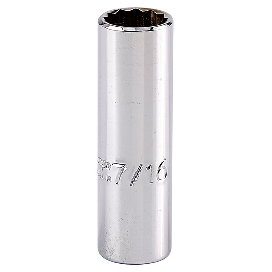 PROTO J4714LT chrome 7/16 inch deep socket, product photo, shown upright on white background.