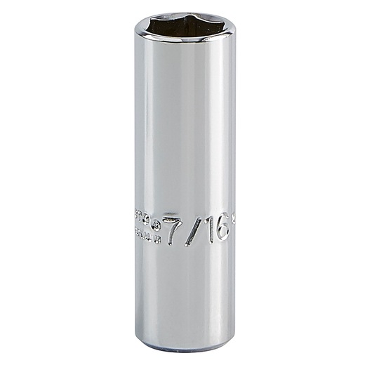 Photo of PROTO J4714L chrome deep socket, 7/16 inch, six-point, upright on white background.