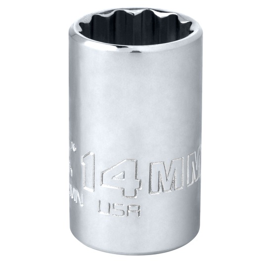 PROTO J4714MN chrome 14mm socket, close-up on white background, text and interior grooves visible.