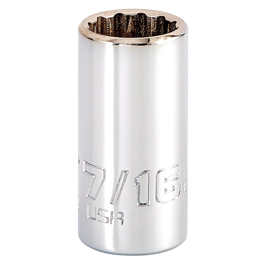 PROTO J4714N chrome 12-point 7/16 inch socket, photography, front angle, white background.