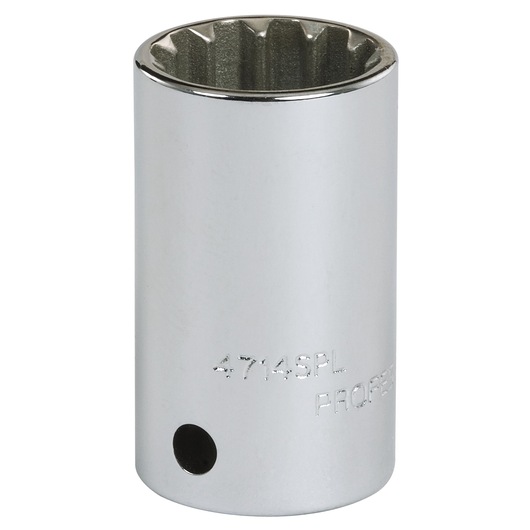 PROTO chrome finish socket, SKU J4714SPL, photography of 12-point deep socket, angled on white background.