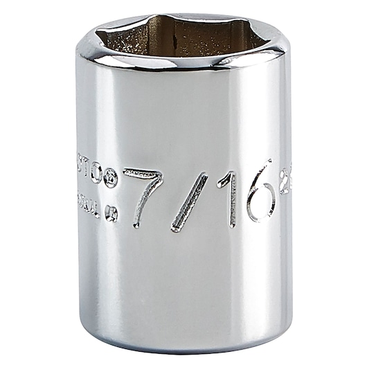 PROTO J4714 chrome 7/16 inch socket, photography, closeup on white background.