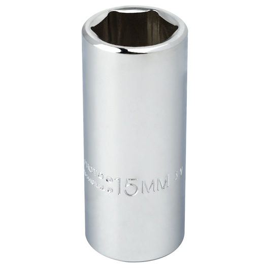 PROTO J4715LM chrome 15mm deep socket, straight-on angle, white background, tool accessory.
