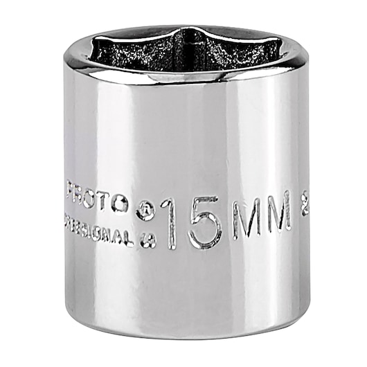 PROTO J4715M chrome 15mm socket, close-up, white background.