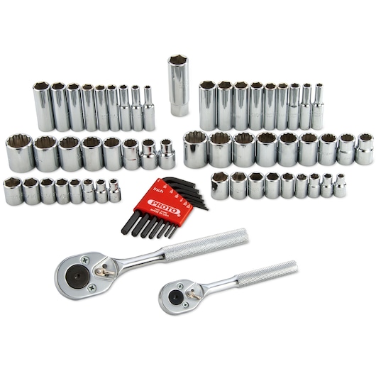 PROTO J47163 socket set with ratchets, chrome sockets, hex keys, front angle, white background.
