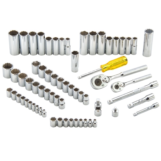 PROTO J47165 socket and ratchet set with chrome sockets, ratchets, extensions, and screwdriver, top-down angle.