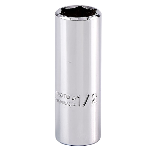 PROTO J4716L chrome deep socket, cylindrical shape, 1/2 inch size, photography, front angle, white background.