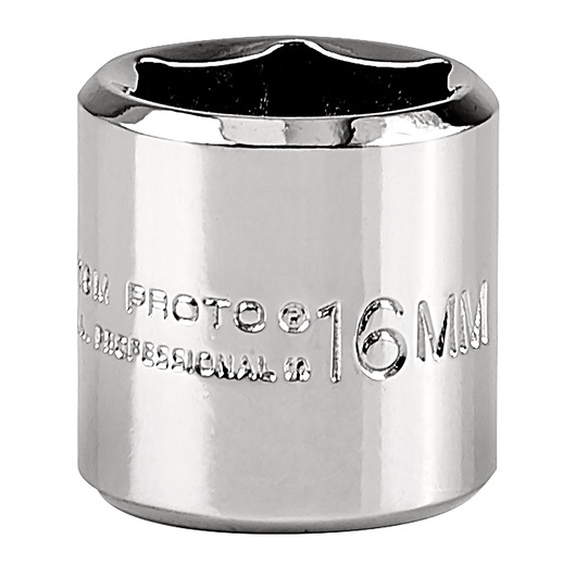 PROTO J4716M chrome 16mm socket, front angle on white background.
