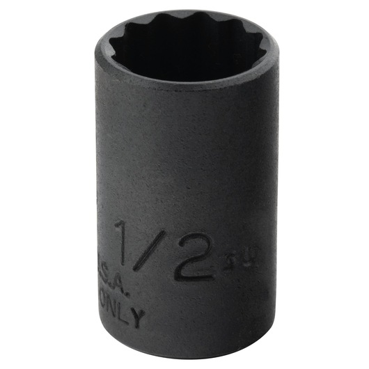 Photo of PROTO J4716TB black 1/2 inch drive socket, twelve-point, upright angle, on white background, hand tool.