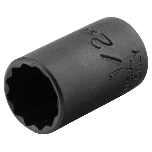 PROTO J4716TB black 12-point impact socket, side angle, on white background, photography.