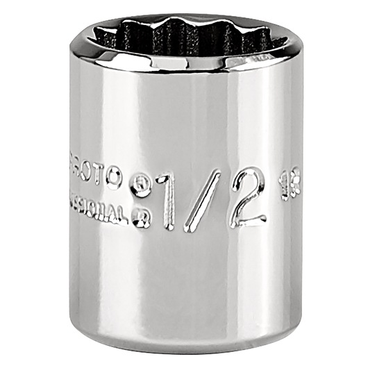 PROTO chrome socket J4716T, 1/2 inch size, 12-point, front angle on white background.