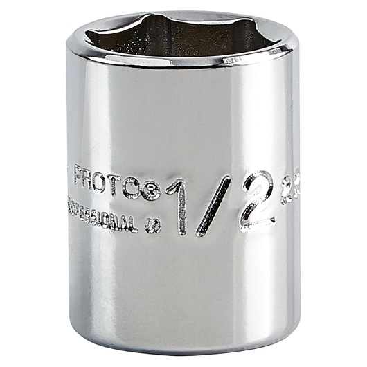 PROTO J4716 chrome socket, 1/2 inch size, front angle on white background.