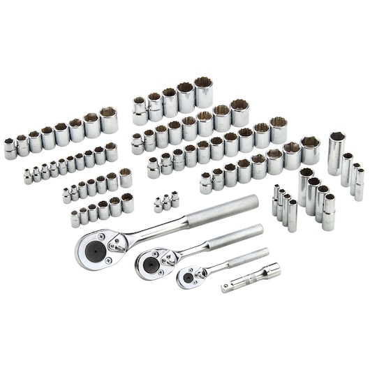 PROTO J47181 chrome socket and ratchet set, assorted socket sizes, arranged on white background, front angle.
