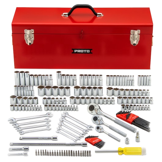 PROTO J47184-1 mechanic tool set with assorted chrome sockets, wrenches, hex keys, bits, ratchets, and red metal toolbox, front angle.