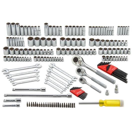 PROTO J47184 mechanic tool set with sockets, wrenches, ratchets, hex keys, screwdriver on white background.