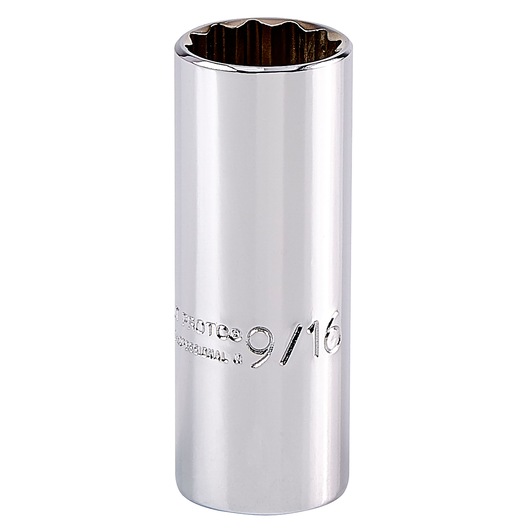 PROTO J4718LT chrome 9/16 inch deep socket, twelve-point, side angle on white background.