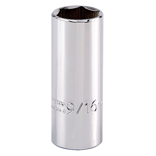 PROTO J4718L chrome 9/16 inch deep socket, hex design, shown upright on white background, tool photography.