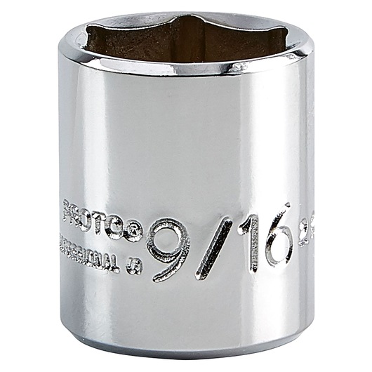 PROTO J4718 chrome socket, 9/16 inch, hex design, close-up, white background.