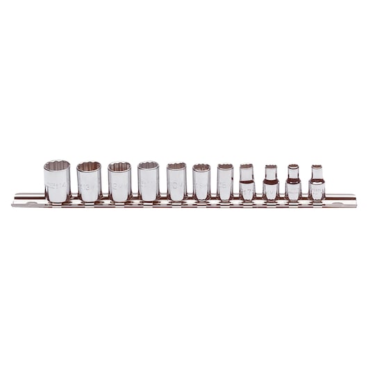 PROTO J47201 socket set with 13 chrome sockets on metal rail, front view, white background.