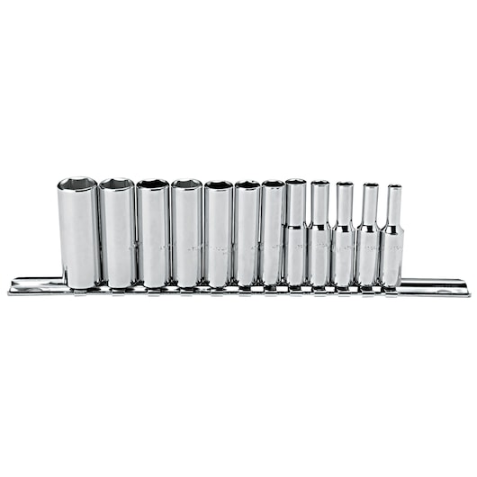 PROTO J47202 socket set with 14 chrome sockets arranged on a metal rail, photo on white background, front angle.