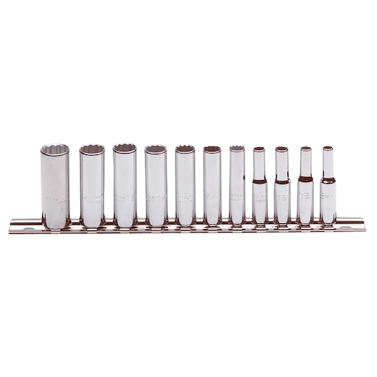 PROTO J47203 socket set with 12 chrome deep sockets on rail, front angle, white background.