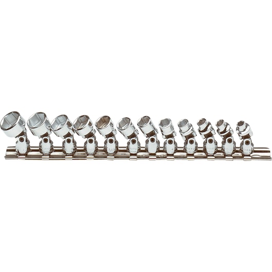 PROTO J47205 chrome swivel socket set with holder, photography of front angle on white background.