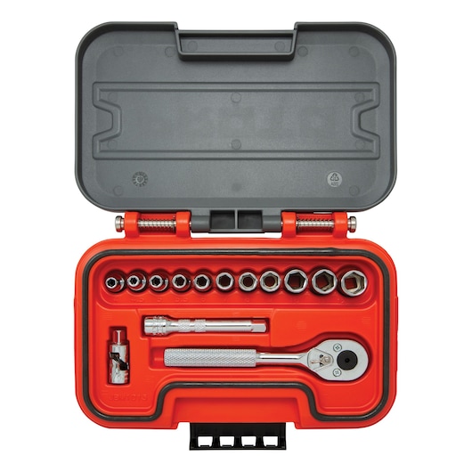 PROTO J47214S socket set with ratchet, extension, and sockets in orange case, top-down view, white background.