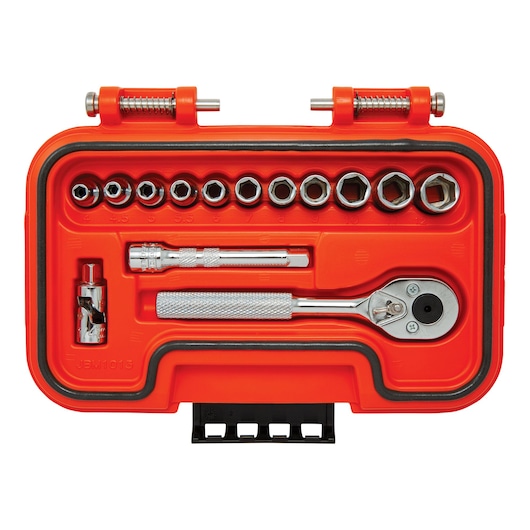 PROTO J47214S socket set with ratchet and accessories in orange hard case, top view on white background.