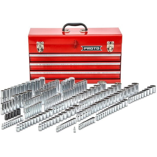 PROTO J47216-1 socket set with multiple chrome sockets and accessories arranged in front of a red tool chest, front view.