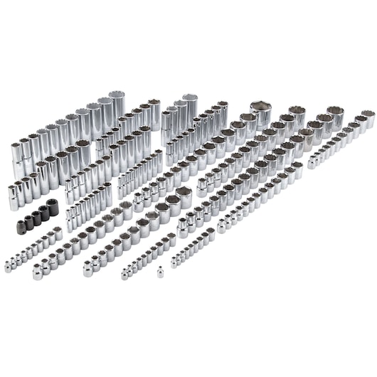 PROTO J47216 socket set, large assortment of chrome and black finish sockets, angled on white background.